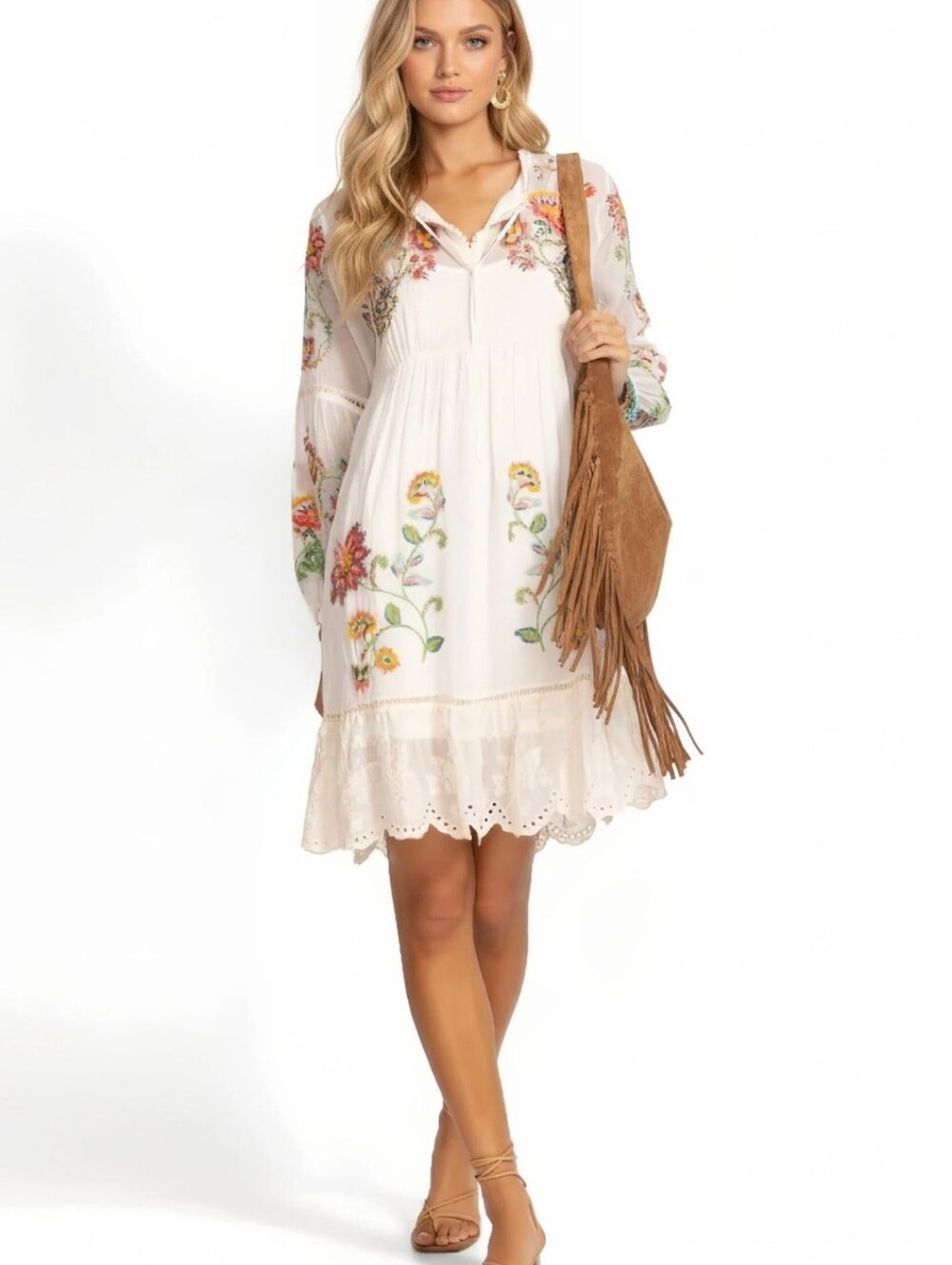 Johnny Was White Embroidered Floral Peasant Tunic Dress